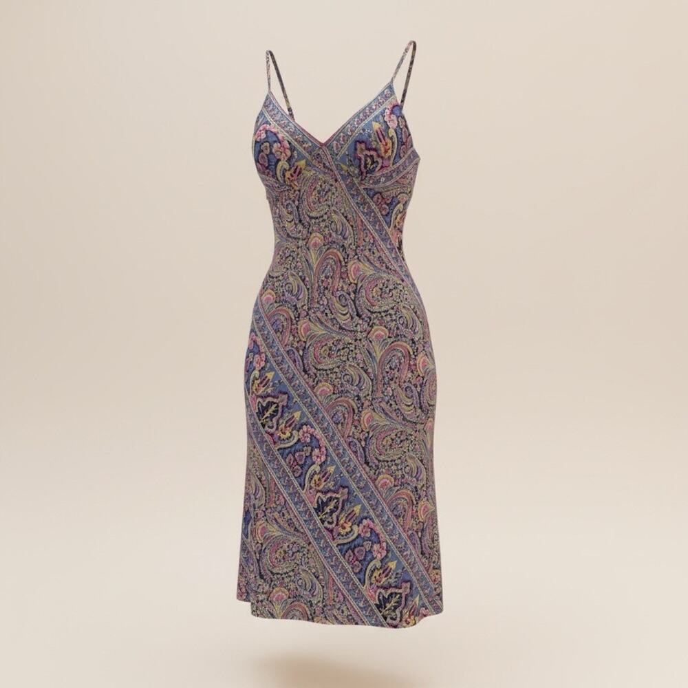Topshop Paisley Print Slip Dress V-Neck Strappy Bias Cut Midi Blue Pink Size 10